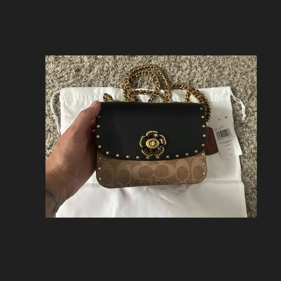 Coach Beat Canvas Coated Leather Shoulder Bag Mini-Medium Black + Tan Rust C2462 - Picture 2 of 5